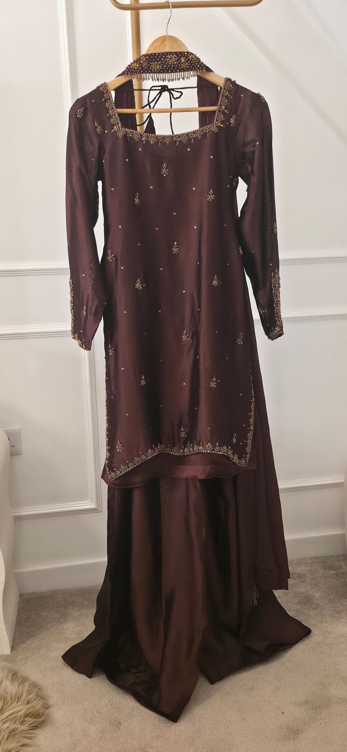 AIMAN- (PRE- ORDER)Brown  Embellished 3-Piece Sharara Set