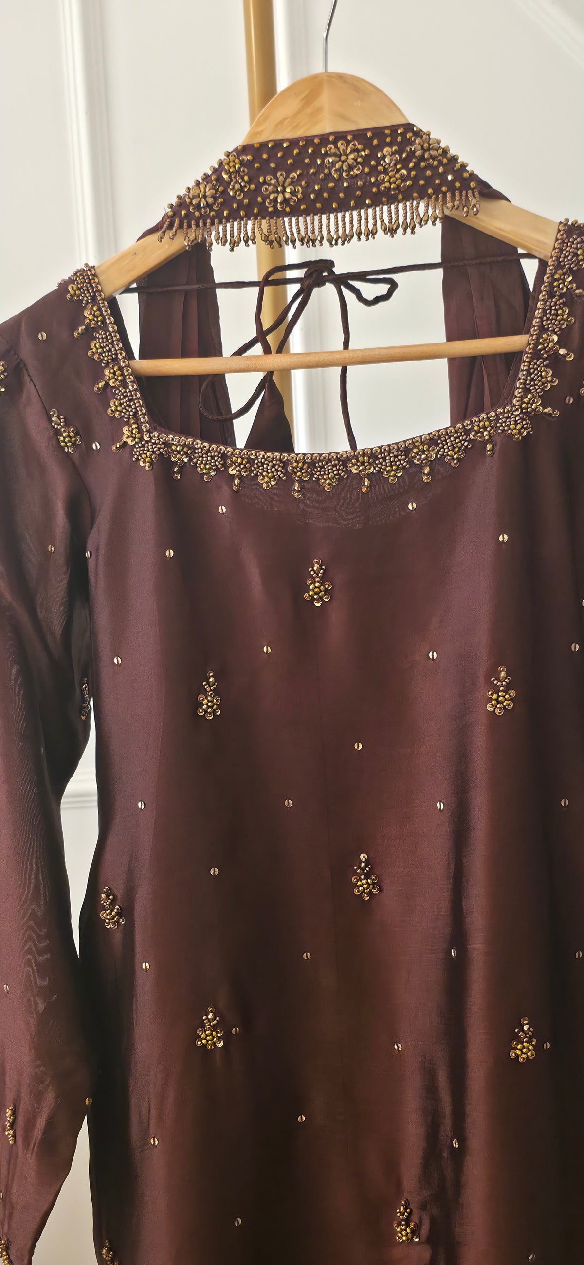 AIMAN- (PRE- ORDER)Brown  Embellished 3-Piece Sharara Set