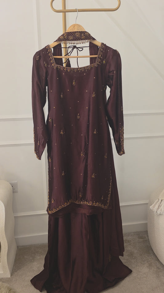 AIMAN- (PRE- ORDER)Brown  Embellished 3-Piece Sharara Set